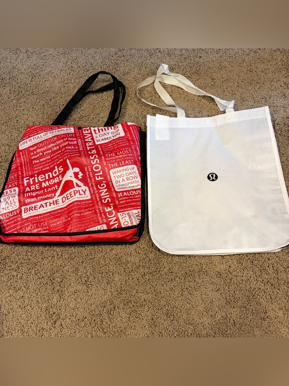 Set of 2 Lululemon Reusable Tote Shopping Bag Large Wide Red Black White Snaps